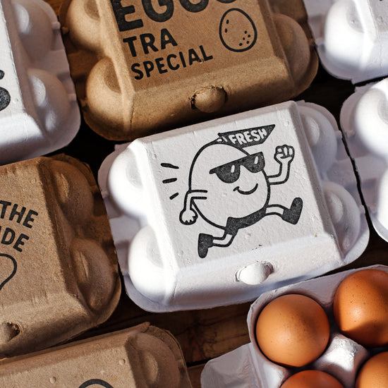 assorted egg cartons stamped with logo illustrations and wording; white and kraft pulp; various sizes; example branding set.