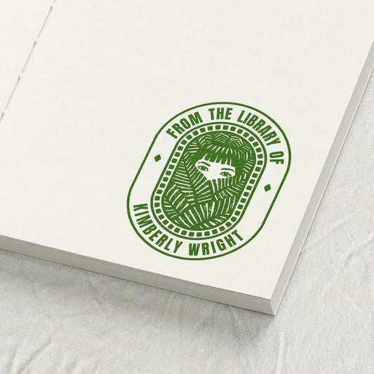 Girl Behind Plants Library Stamp
