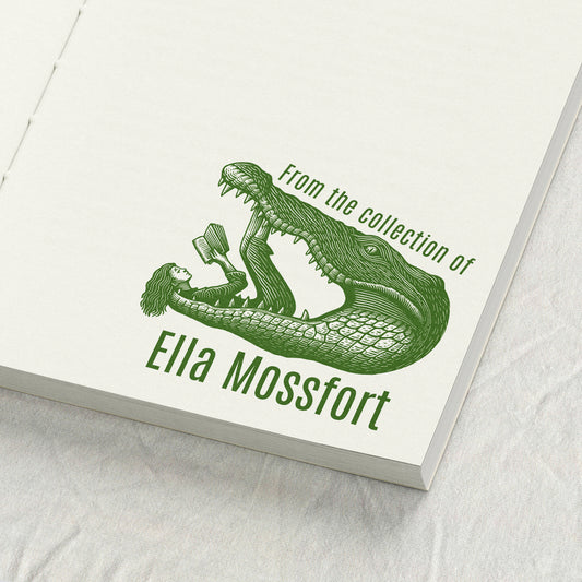 Girl Reading in Crocodile Library Stamp