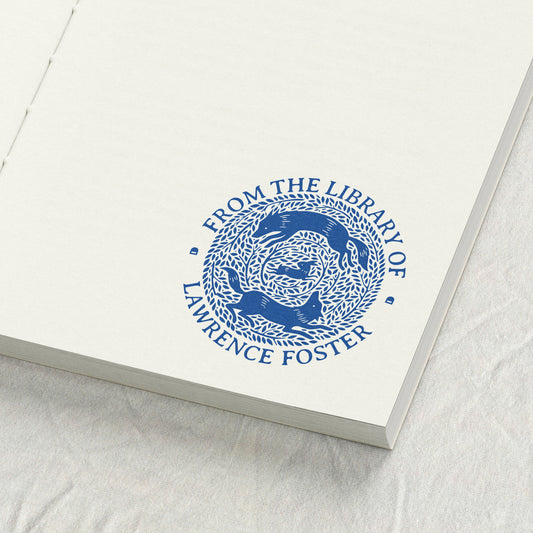Foxes and Hare Wreath Woodcut Library Stamp
