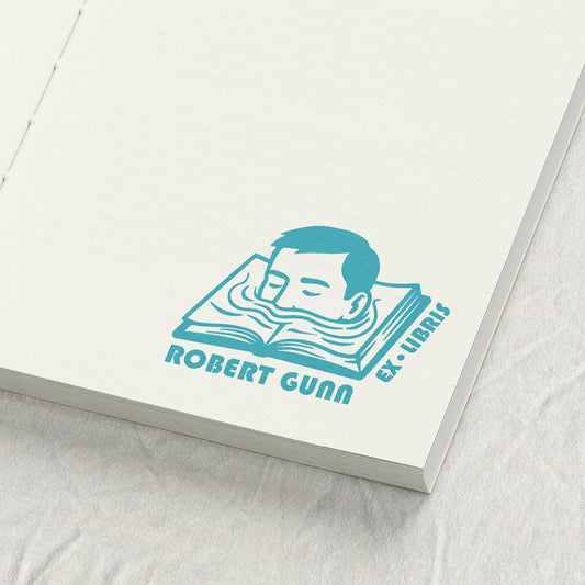 Boy Peeking From Book Library Stamp