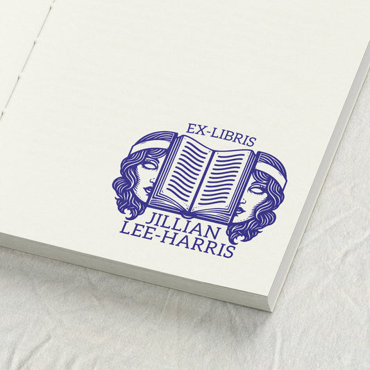 Book with Twin Faces Library Stamp