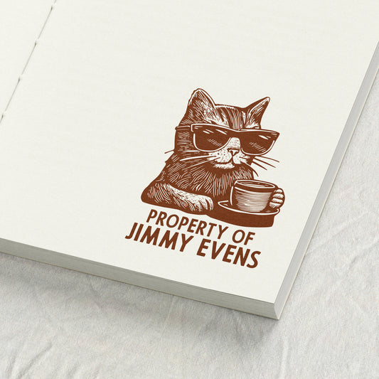 Cat with Sunglasses and Coffee Library Stamp